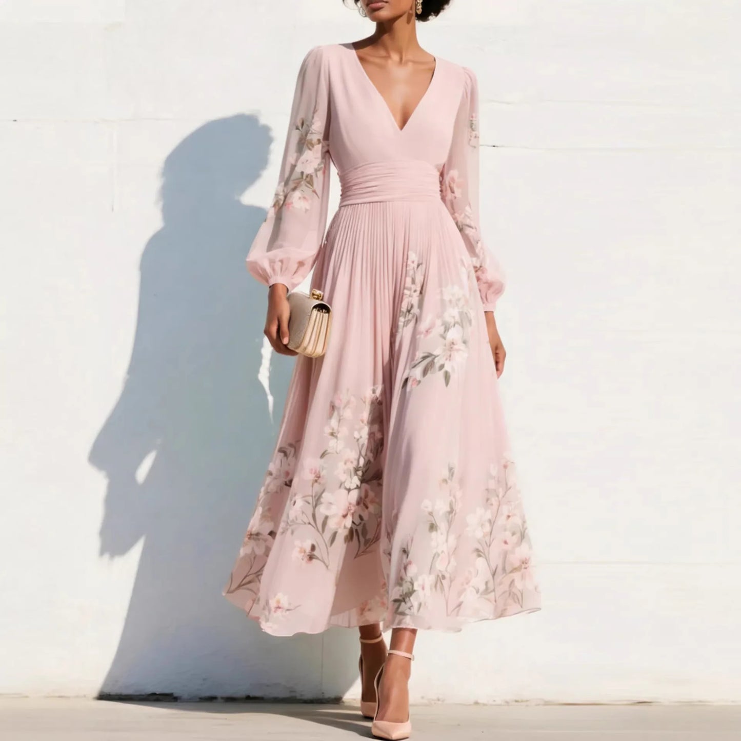 Pleated Long Sleeve V Neck Maxi Dress
