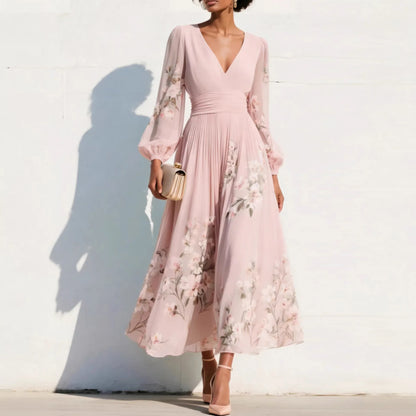 Pleated Long Sleeve V Neck Maxi Dress
