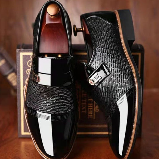 Glossy Textured Pointed Buckled Paneled Brogues Shoes