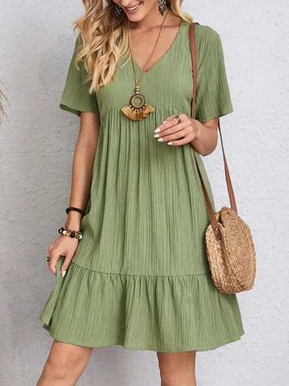 Textured Tiered Gathered Flared Short Relaxed Dress