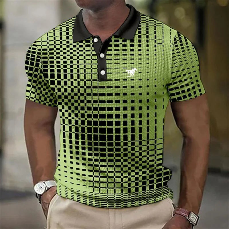 Men's Contrast Collar Short Sleeve Geometric Print Stretch Polo Shirt