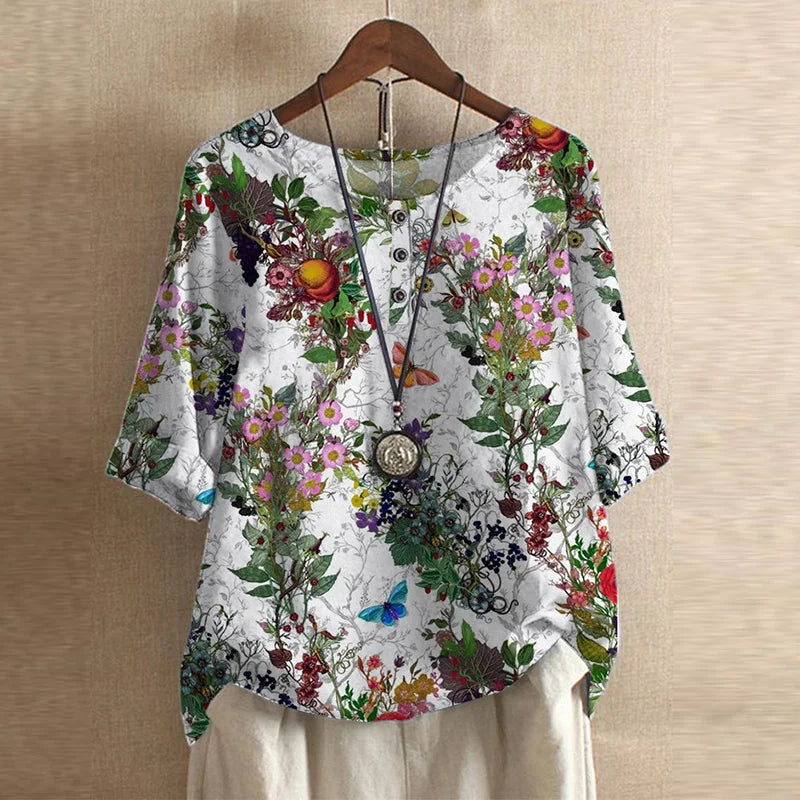 Graphic Crew Neck Curved Hem Medium Sleeve Blouse