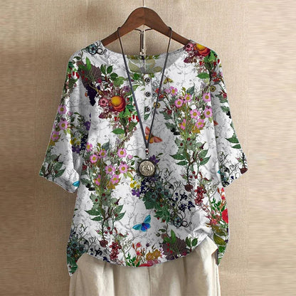 Graphic Crew Neck Curved Hem Medium Sleeve Blouse