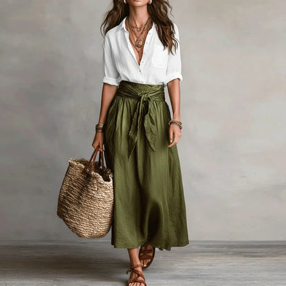 Collared Buttoned Pocketed Tied Gathered Maxi Set