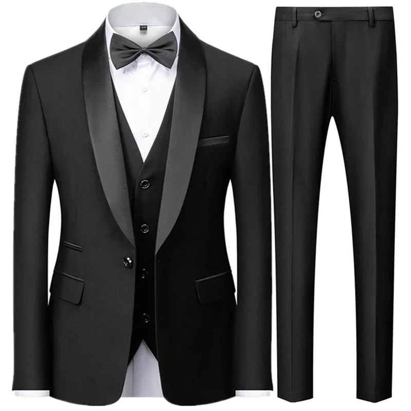Slim Solid Satin Lapel V Neck Tailored Three Piece Set Suit