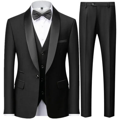 Slim Solid Satin Lapel V Neck Tailored Three Piece Set Suit