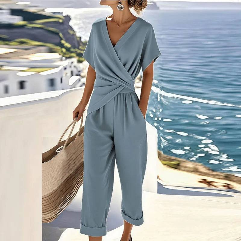 Surplice Pocketed Wide-Leg Set