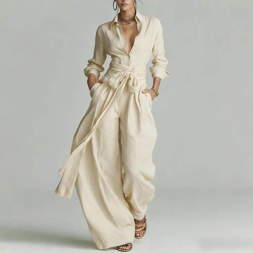 Collared Buttoned Tied Pleated Wide Set