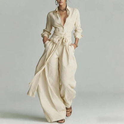 Collared Buttoned Tied Pleated Wide Set