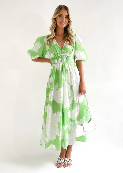 Floral Patterned Short Puff Sleeve Dress