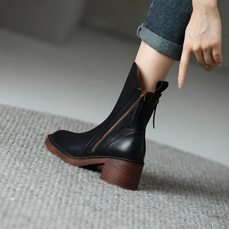 Round Toe Side Zipper Block Heel Ankle Boots