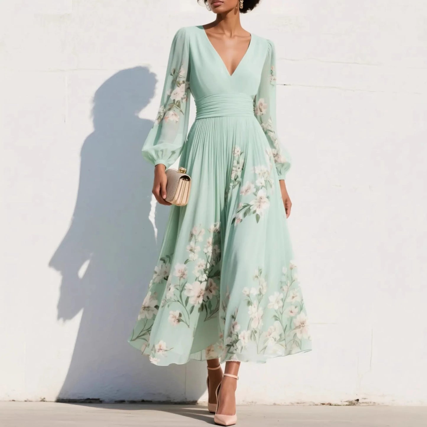 Pleated Long Sleeve V Neck Maxi Dress
