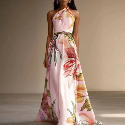 Floral Halter Sleeveless Gathered Long Dress