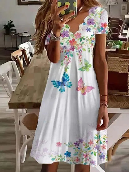 Short Scalloped Floral Printed Flared Midi Dress