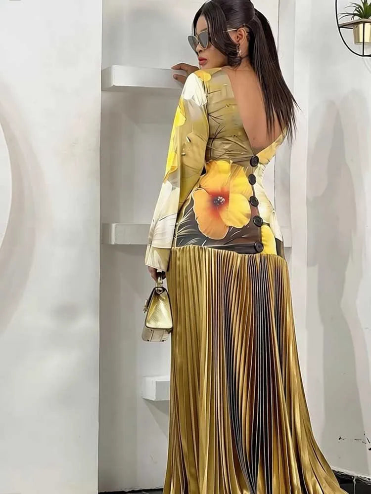 Floral Flared Pleated Long Buttoned Dress
