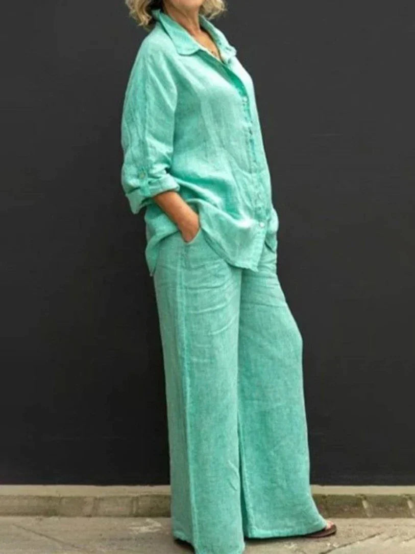 Collared Buttoned Loose Wide Leg Pocketed Set
