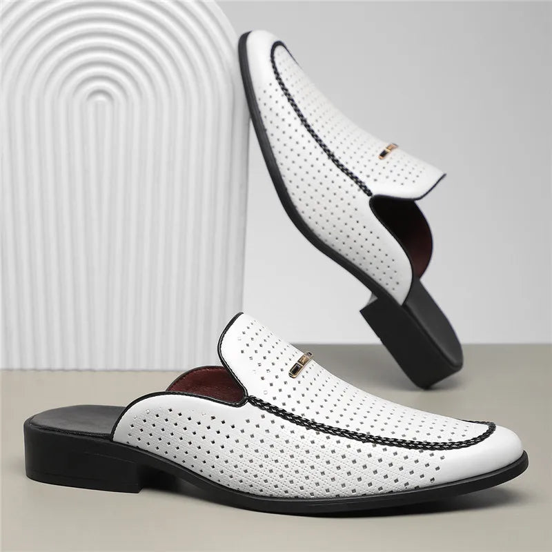 Perforated Backless Pointed Braided Low Heel Sandals