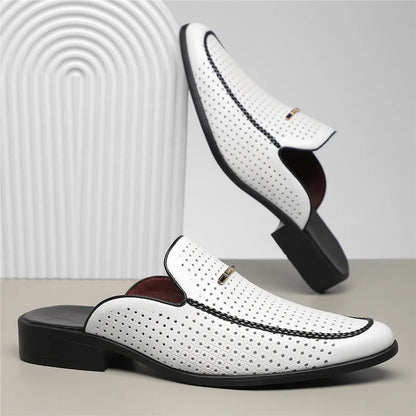Perforated Backless Pointed Braided Low Heel Sandals