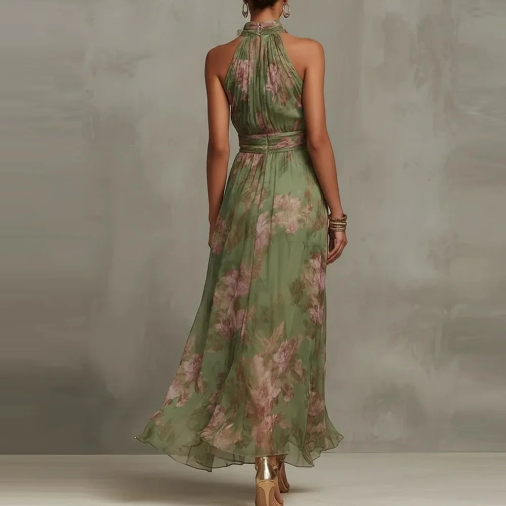 Pleated Sleeveless Fitted Draped Maxi Dress