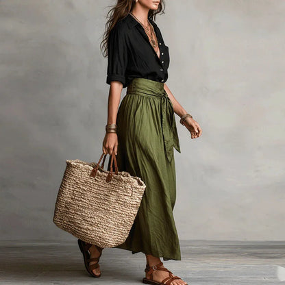 Collared Buttoned Pocketed Tied Gathered Maxi Set