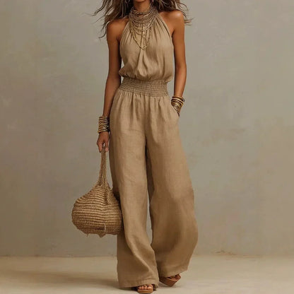 Halter Shirred Pleated Loose Long Jumpsuit