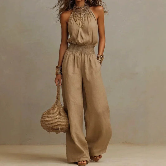 Halter Shirred Pleated Loose Long Jumpsuit