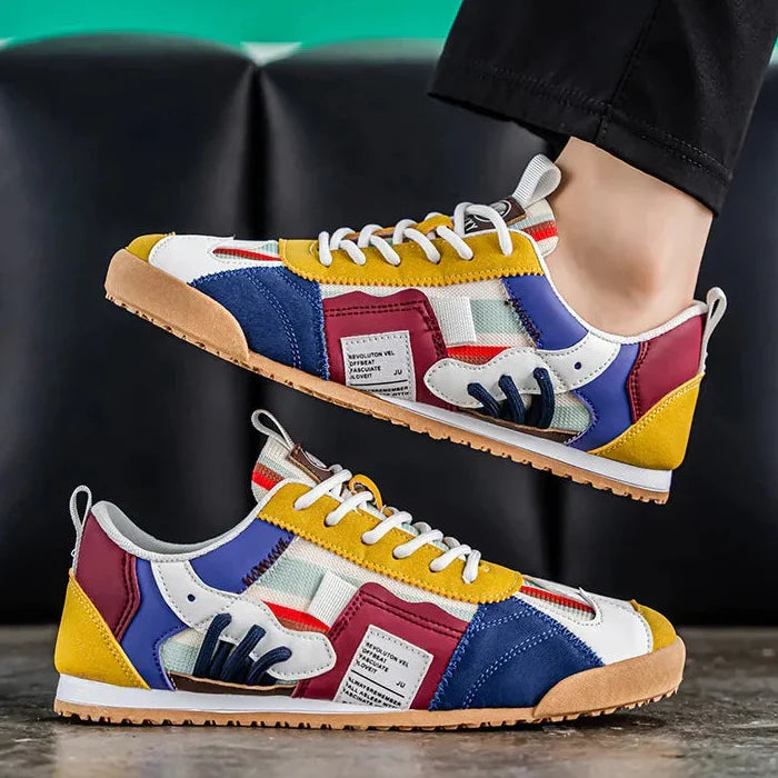Patched Striped Rounded Textured Flat Sneakers