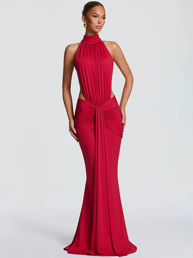 Sleeveless Side Cutout Gathering Floor Length Dress