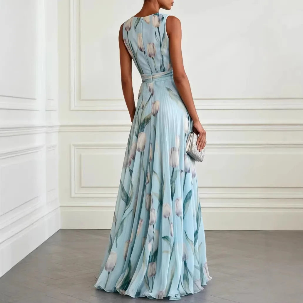 Printed Sleeveless Cinched Gathered Flared Long Dress