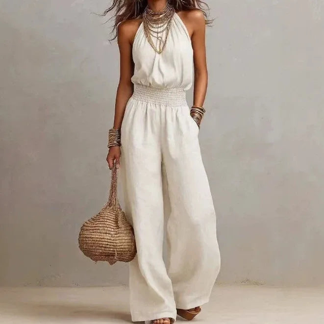 Halter Shirred Pleated Loose Long Jumpsuit