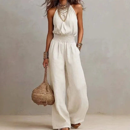 Halter Shirred Pleated Loose Long Jumpsuit