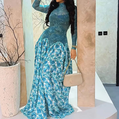 Fitted Banded Printed Gathered Flared Long Dress
