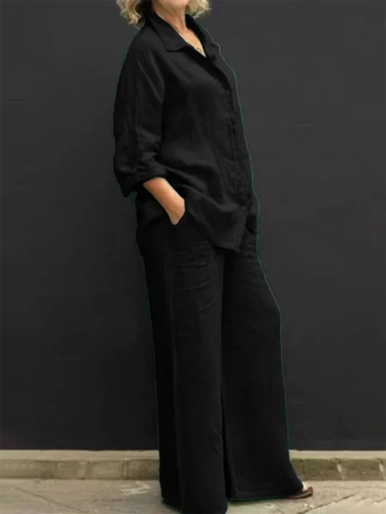 Collared Buttoned Loose Wide Leg Pocketed Set