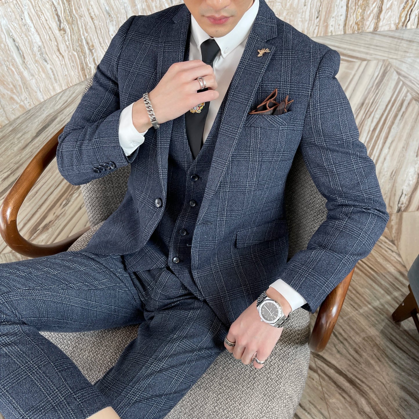 Structured Check Button Up Notch Lapel Straight Three Piece Set Suit