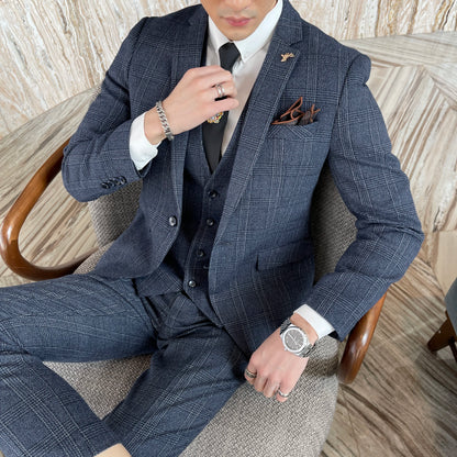 Structured Check Button Up Notch Lapel Straight Three Piece Set Suit