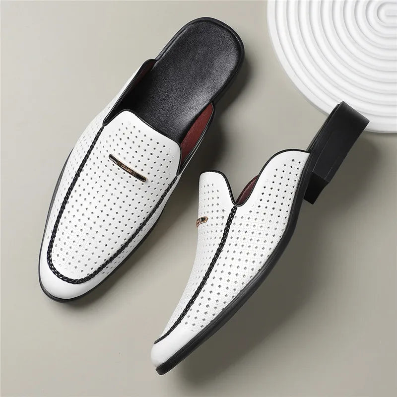 Perforated Backless Pointed Braided Low Heel Sandals