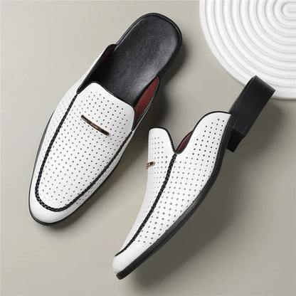 Perforated Backless Pointed Braided Low Heel Sandals