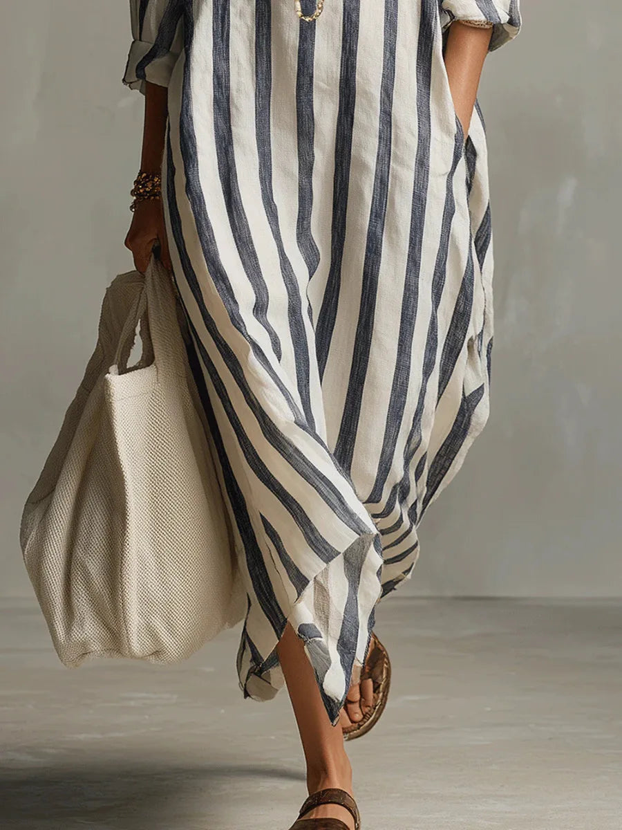 Vertical Striped Collared Oversized Long Dress