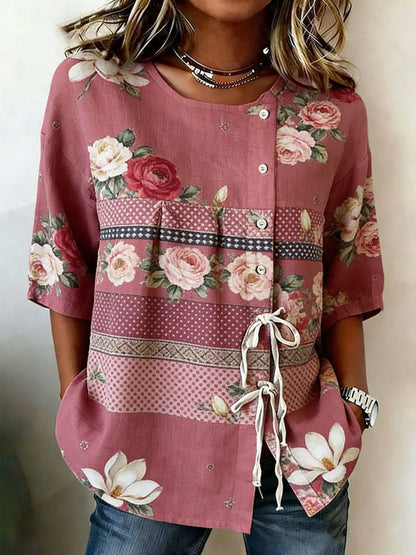 Crew Neck Side Tie Blouse