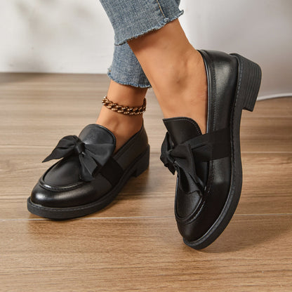 Round Toe Knot Detail Slip On Block Heel Loafers