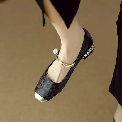 Twisted Strap Low Chunky Heel Patterned Shoes