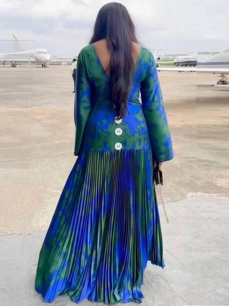 Floral Flared Pleated Long Buttoned Dress