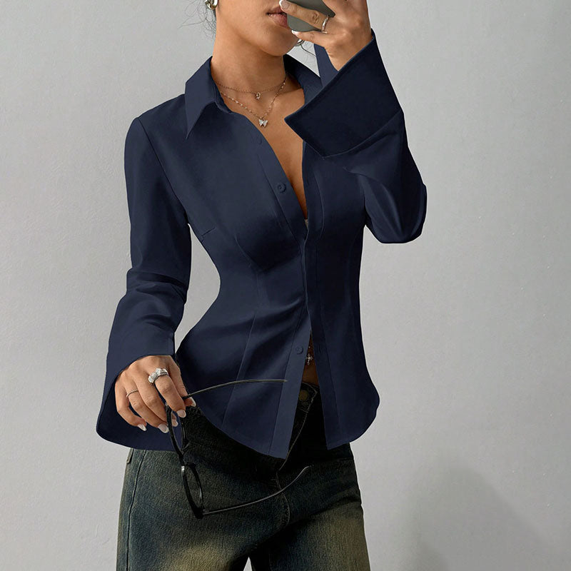 Women's Point Collar Long Sleeve Fitted Shirt