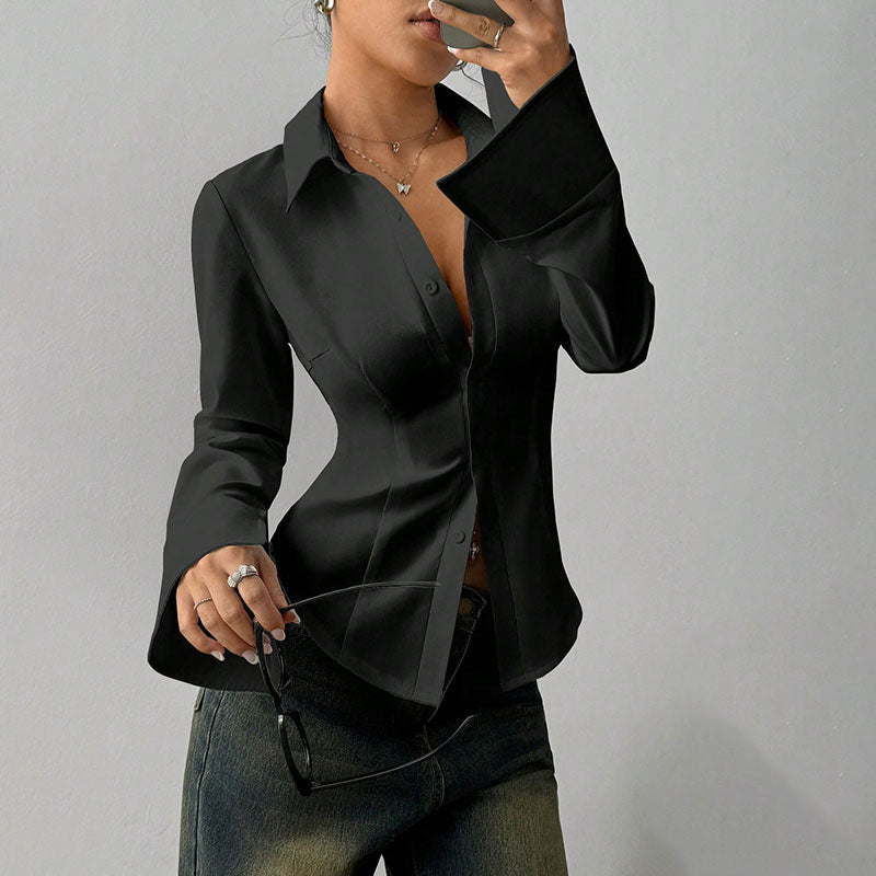 Women's Point Collar Long Sleeve Fitted Shirt