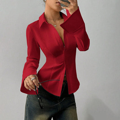 Women's Point Collar Long Sleeve Fitted Shirt