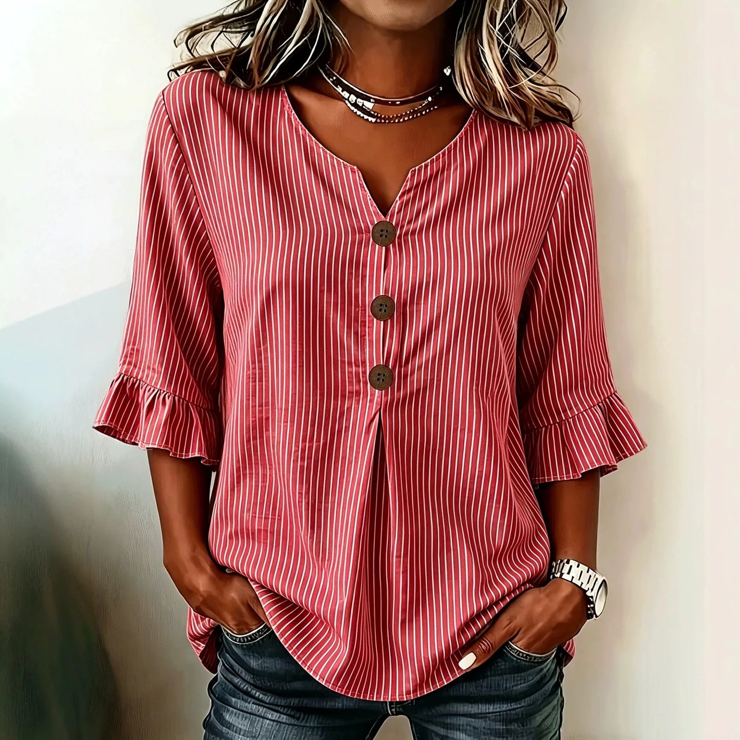 Striped Buttoned Ruffled Flared Pleated Relaxed Blouse
