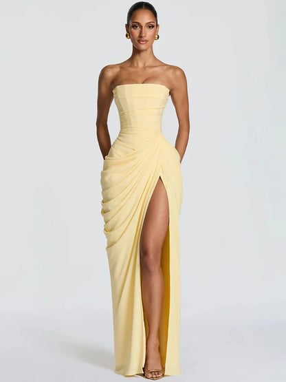 Strapless Ruched High Slit Sleeveless Maxi Dress