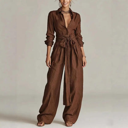Collared Buttoned Tied Pleated Wide Set