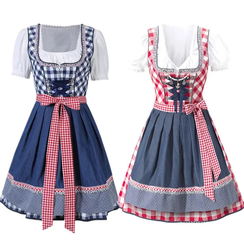 Women's Square Neck Puff Sleeve Checkered Dirndl Mini Dress