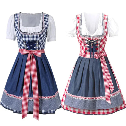 Women's Square Neck Puff Sleeve Checkered Dirndl Mini Dress